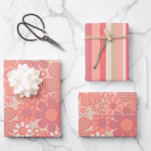 Retro Stripes and Flowers in Pastel Blush Pink  Wrapping Paper Sheet (Front)
