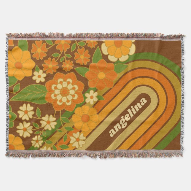 Retro Stripes and Funky Flowers with Custom Name Throw Blanket (Front)