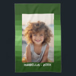 Retro Stripes - Christmas Green - Simple Photo Kitchen Towel<br><div class="desc">Shades of green stripe pattern with a simple text area for a name and date. Add your favourite selfie or family snapshot. Use a photo to create this unique and personal photo gift. The background includes a retro stripe pattern with a clean, modern update. If you need to adjust the...</div>
