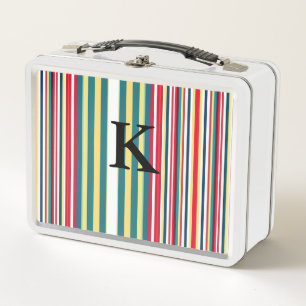 Retro stripes colourful add monogram initial lette metal lunch box