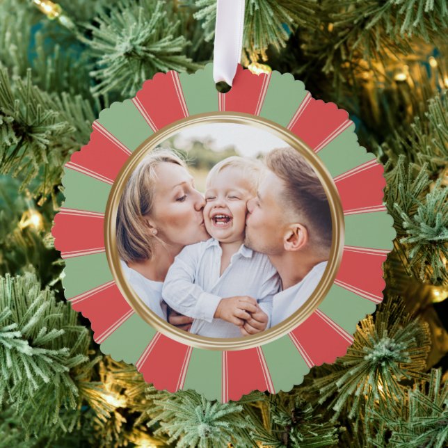 Retro Stripes Family Photo Christmas Ornament Card (Insitu (Tree))