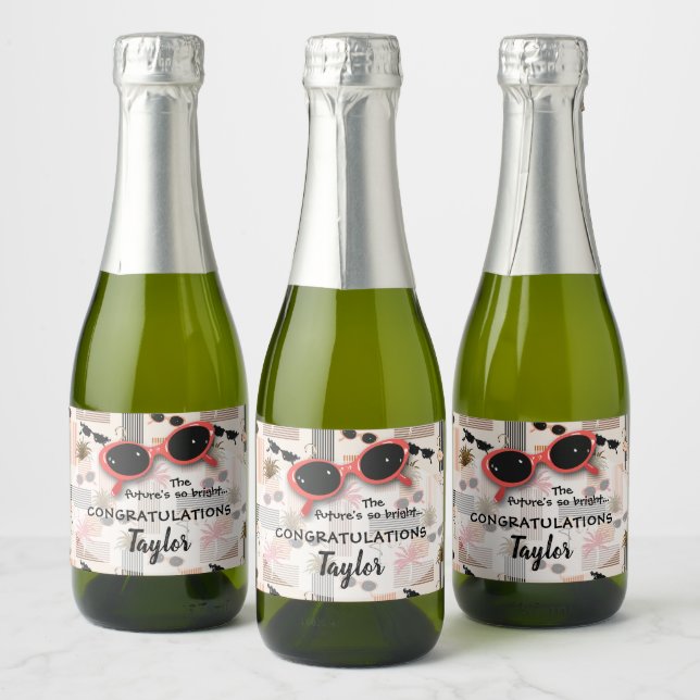 Retro Stripes Flamingos Palms Sunglasses Mini Sparkling Wine Label (Bottles)
