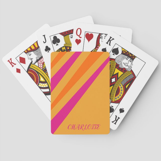 Retro Stripes Girly Monogram Pink Orange Mustard Playing Cards (Back)