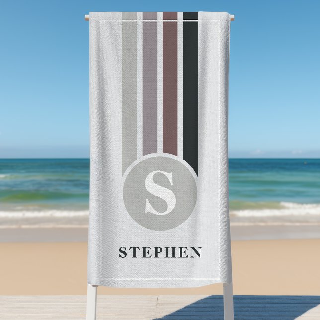 Retro Stripes Grey Taupe Monogram Name Beach Towel (Creator Uploaded)