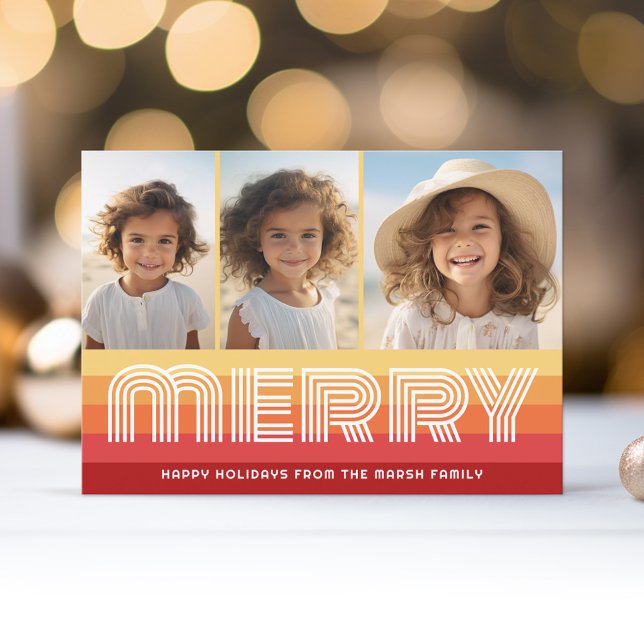 Retro Stripes in Sunset Rust - Merry 3 Photo Holiday Card (Retro Stripe Christmas Card with 3 Photos - Vibrant Sunset Colors - Print and Download Option)
