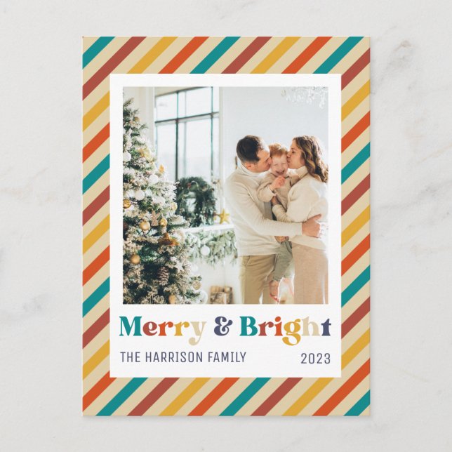 Retro Stripes Merry & Bright Family Photo Postcard (Front)