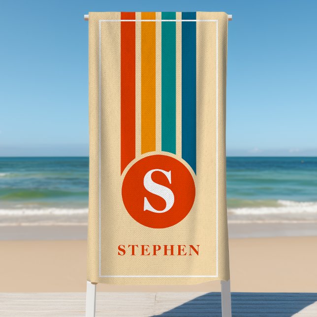 Retro Stripes Orange Monogram Name Personalized Beach Towel (Creator Uploaded)