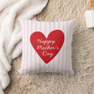 Retro Stripes Pink & Red Heart Mother's Day Throw Pillow