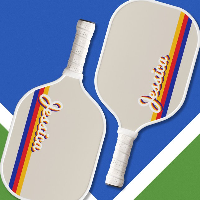 Retro Stripes Script Personalized Name Monogram Pickleball Paddle (Creator Uploaded)