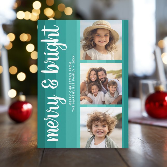 Retro Stripes - Teal - 3 Photos - merry bright Holiday Card (Retro Stripes with 3 photos - online Christmas card in teal shades - print and download options)