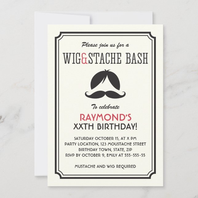 Retro stripes wig and moustache bash birthday part invitation (Front)