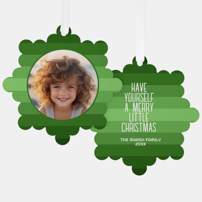 Retro Stripes with Circle Photo - Christmas Green Ornament Card (Front/Back)