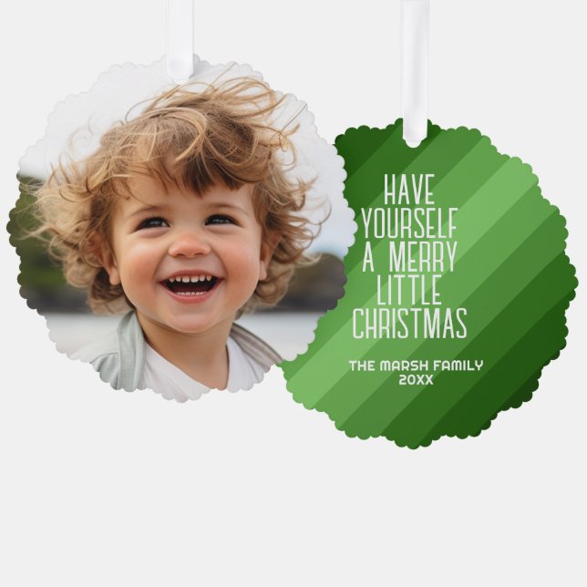 Retro Stripes with Photo - Christmas Green Ornament Card (Front/Back)