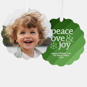 Retro Stripes with Photo - Peace Love Joy Green Ornament Card