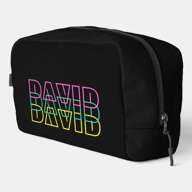 Retro style 80s neon text personalized toiletry dopp kit (Right Corner)