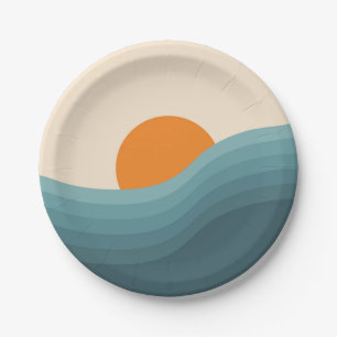 Retro style abstract sunset landscape paper plate
