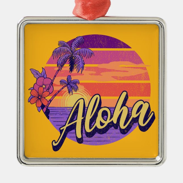 Retro style "Aloha" text design Metal Ornament (Front)