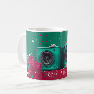 Retro-style audio speakers surrounded by roses coffee mug
