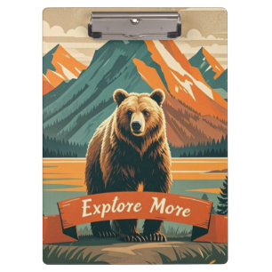 Retro-style bear cartoon and mountain range clipboard