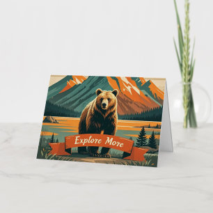 Retro-style bear cartoon and mountain range foil greeting card