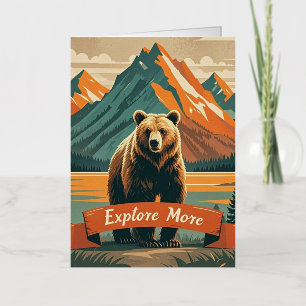 Retro-style bear cartoon and mountain range foil greeting card