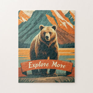 Retro-style bear cartoon and mountain range jigsaw puzzle