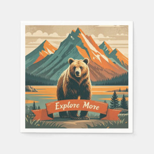Retro-style bear cartoon and mountain range napkin