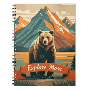 Retro-style bear cartoon and mountain range notebook