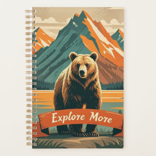 Retro-style bear cartoon and mountain range planner