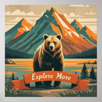 Retro-style bear cartoon and mountain range