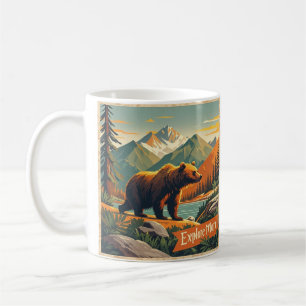 Retro-style bear cartoon and mountain range Poster Coffee Mug