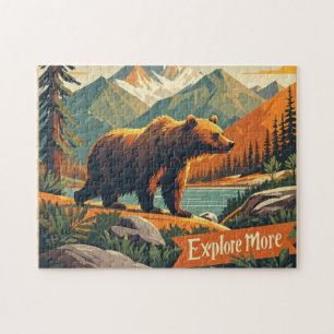 Retro-style bear cartoon and mountain range Poster Jigsaw Puzzle