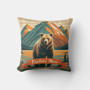 Retro-style bear cartoon and mountain range throw pillow