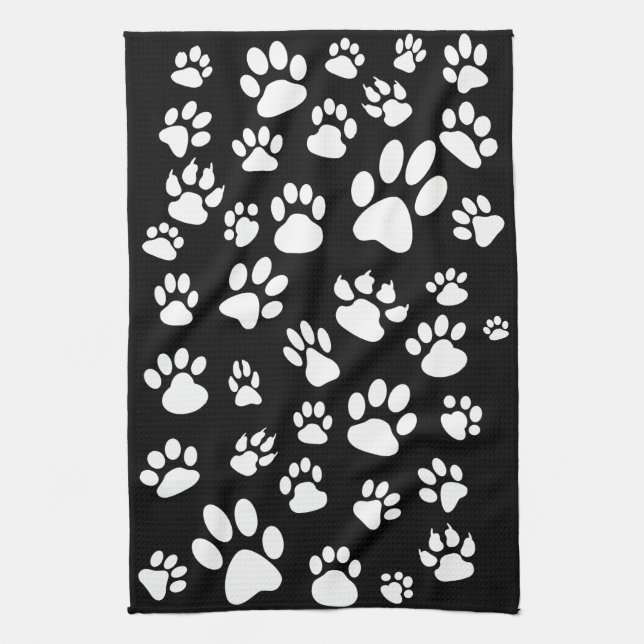 Retro-Style Black and White Scattered Paw Prints Kitchen Towel (Vertical)