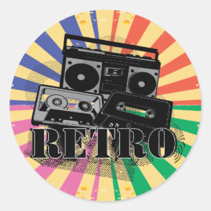 Retro style boom box and cassettes classic round sticker