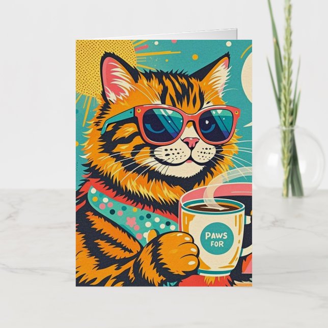 Retro-style cartoon cat wearing oversized sunglass foil greeting card (Front)