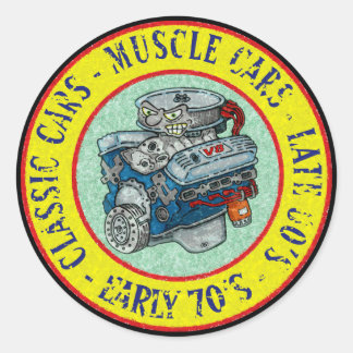 RETRO STYLE CARTOON CLASSIC V-8 ENGINE ROUND STICKER