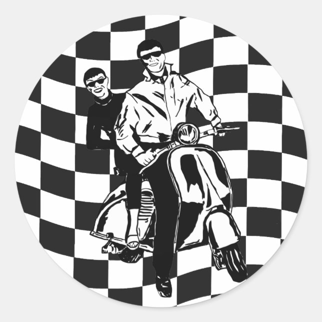 Retro style check scooter boy and girl classic round sticker (Front)