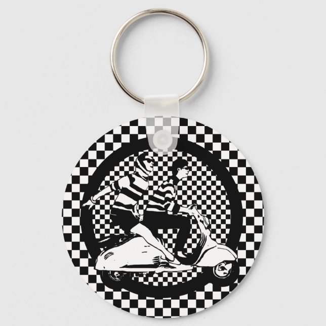 Retro style check scooter couple keychain (Front)