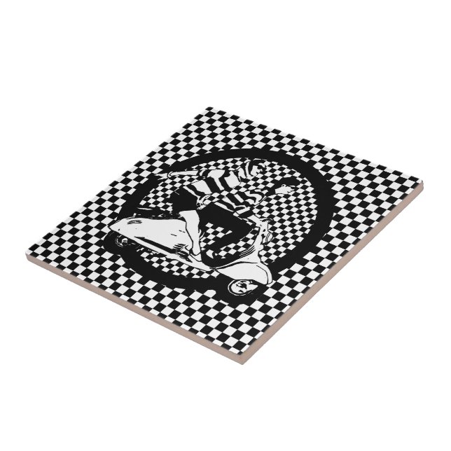 Retro style check scooter couple tile (Side)