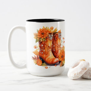 Retro Style Cowboy Boots - Autumn Leaves Two-Tone Coffee Mug