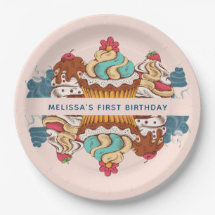 Retro Style Cupcakes Sweet Dessert 1st Birthday Paper Plate