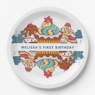Retro Style Cupcakes Sweet Dessert 1st Birthday Paper Plate