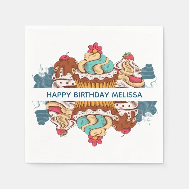 Retro Style Cupcakes Sweet Dessert Birthday Napkin (Front)