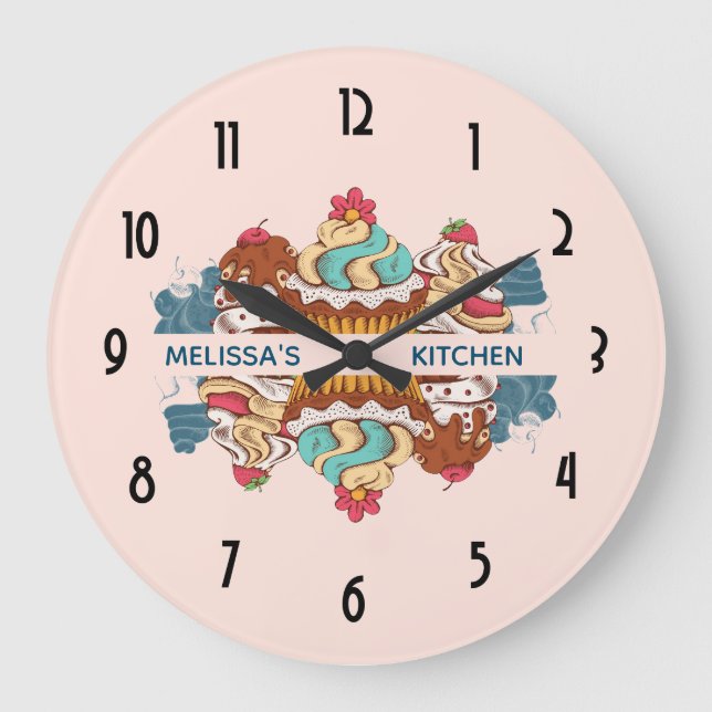 Retro Style Cupcakes Sweet Dessert Kitchen Large Clock (Front)
