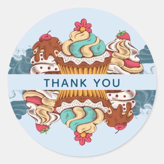 Retro Style Cupcakes Sweet Dessert Thank You Classic Round Sticker (Front)