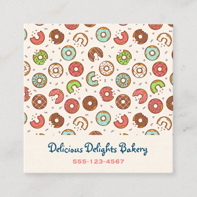 Retro Style Cute Colourful Doughnut Pattern Bakery Square Business Card (Front)
