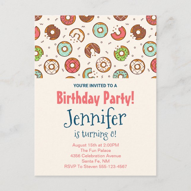 Retro Style Cute Colourful Doughnut Pattern Invitation Postcard (Front)