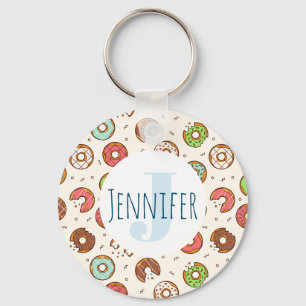 Retro Style Cute Colourful Doughnut Pattern Monogr Keychain