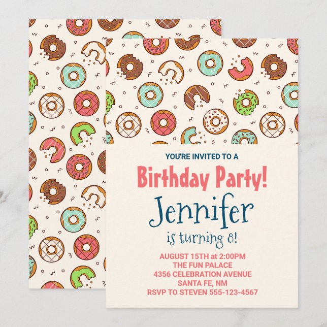 Retro Style Cute Doughnut Pattern Birthday Party Invitation (Front/Back)